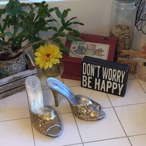 ‘Guess’ by Marciano Gold/Silver Sequin Vintage High Heel Mule Sandals